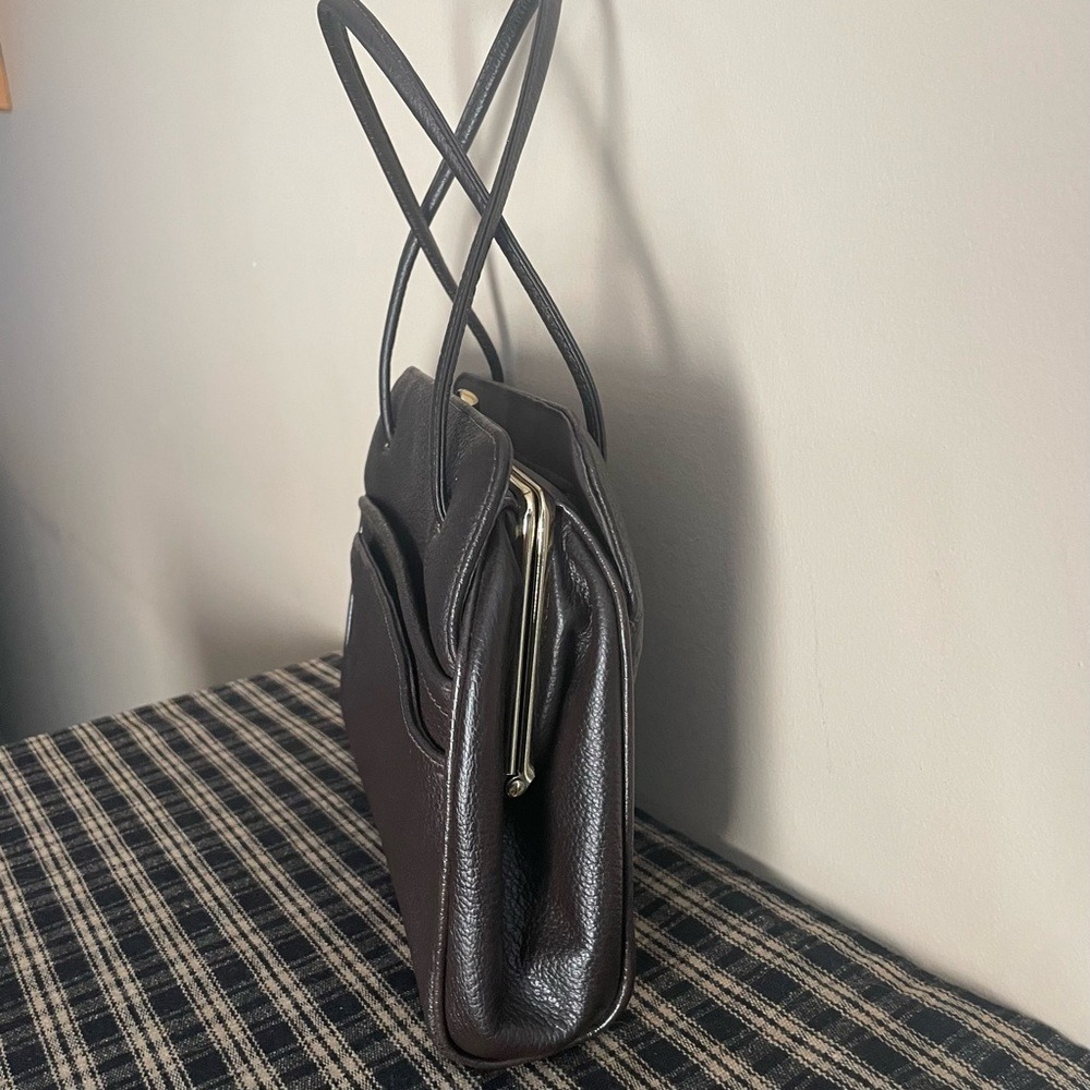 Vintage 1960 Rambler By Hadia Structured Brown Top Handle Purse Kiss Lock #598 - Picture 4 of 11